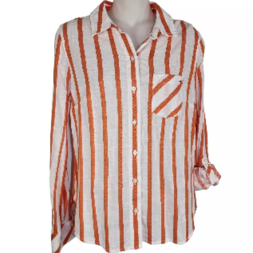 Tommy Hilfiger Women's Striped Button Down Shirt - Orange & White